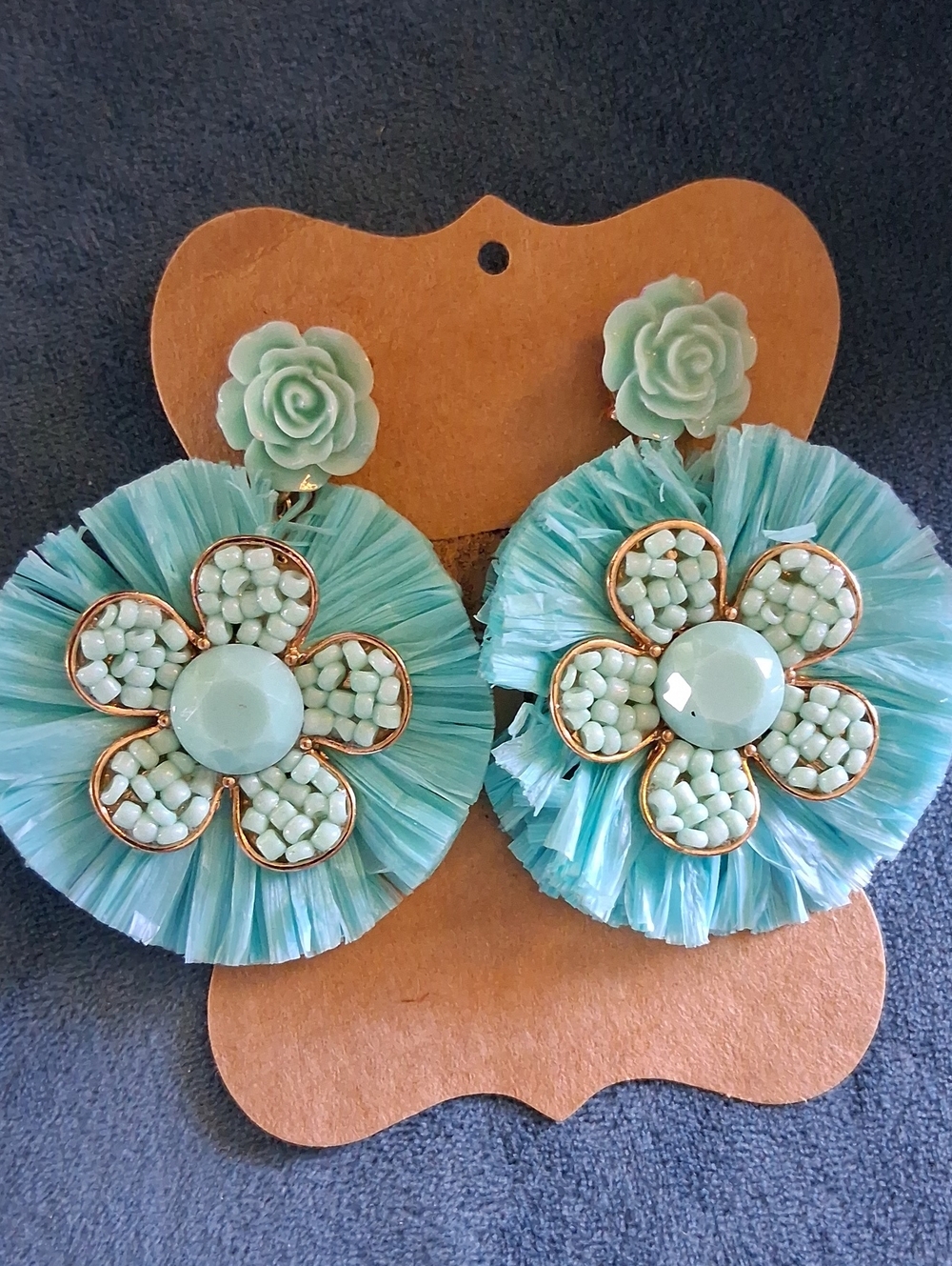 lonna & lilly Aqua Flower Raffia Drop Earrings with Resin Rose Studs